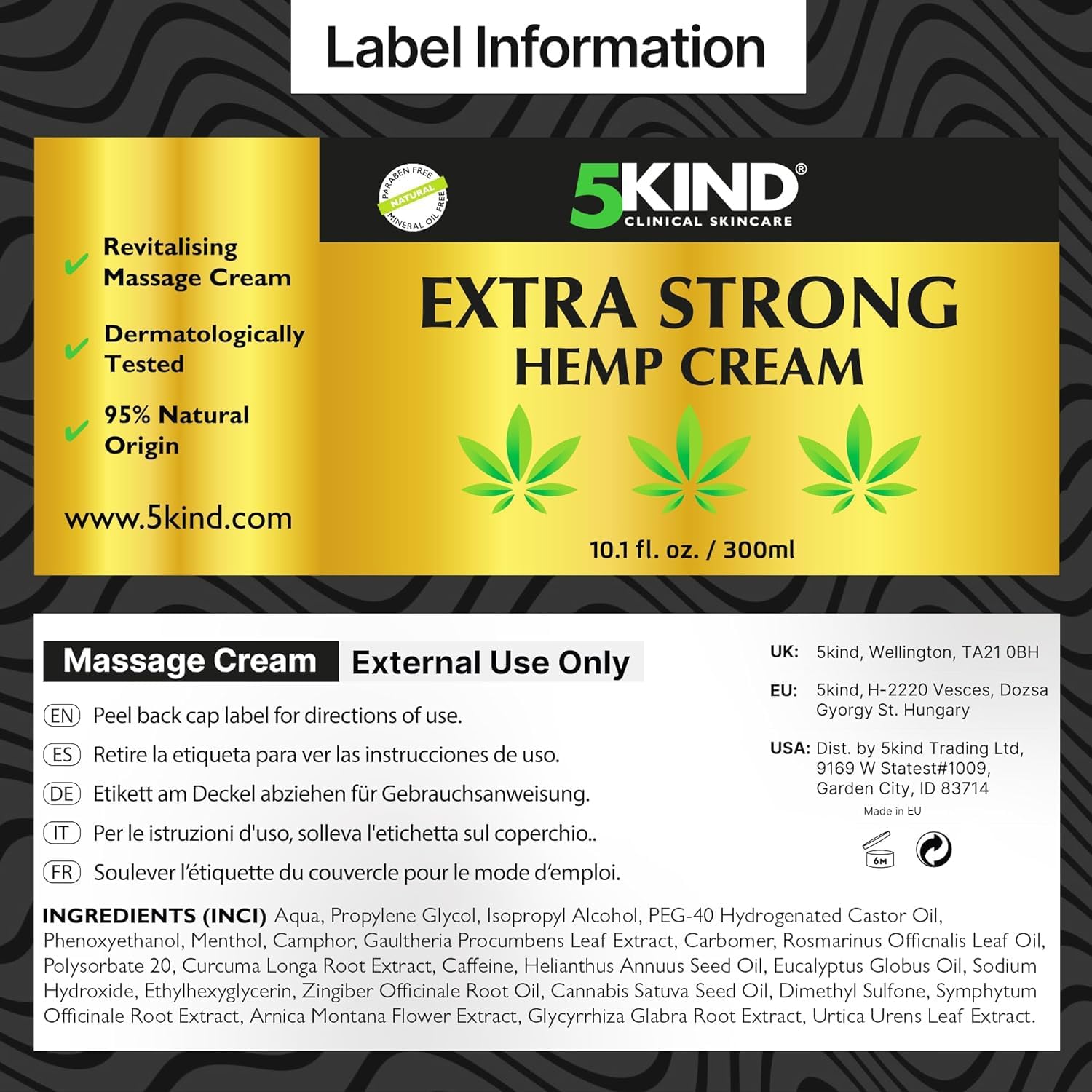 5KIND Extra Strong Hemp Cream - Label Information